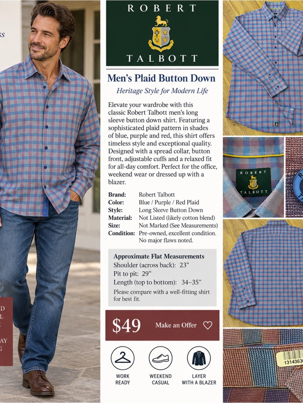 Robert Talbott Plaid Long Sleeve Shirt Blue Purple Mens See Measurements
